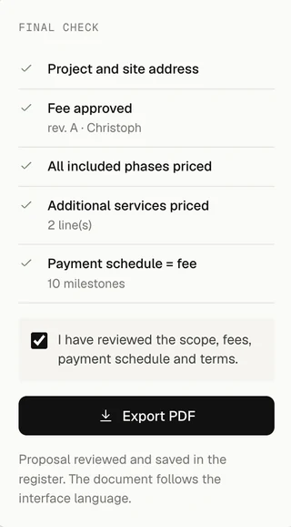 Pricing & Proposals — Abschlussprüfung und PDF-Export